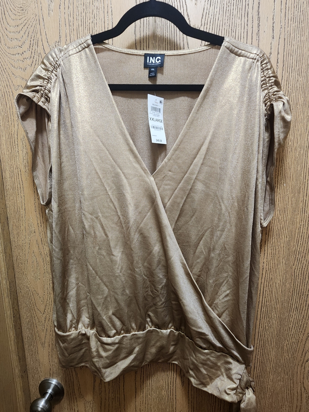INC International Concepts Shimmery Gold Surplice Tunic Top